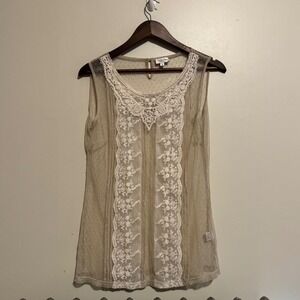 VTG Women's Lace Overlay Sheer Blouse Top Beige Polka Dot Sleeveless Medium